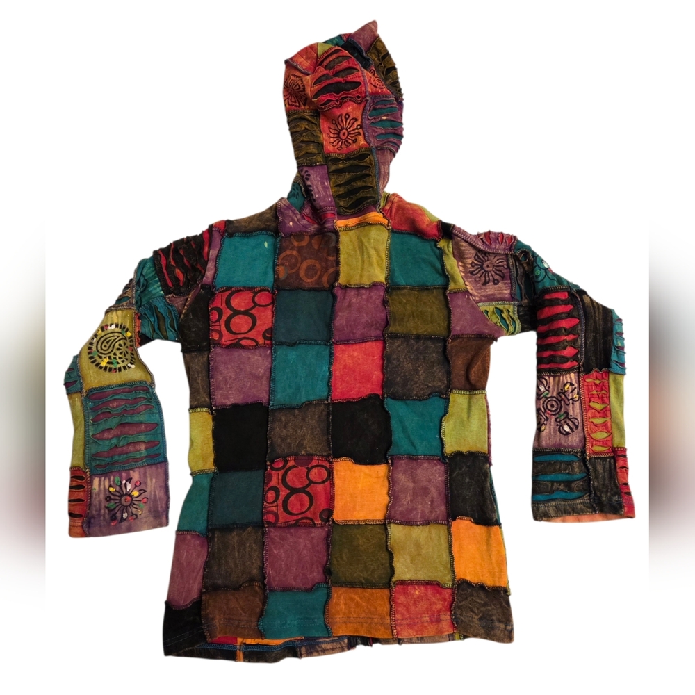 Multi-Color Patchwork Zip Up Hoodie Women’s Size Small Hippie - Picture 2 of 3